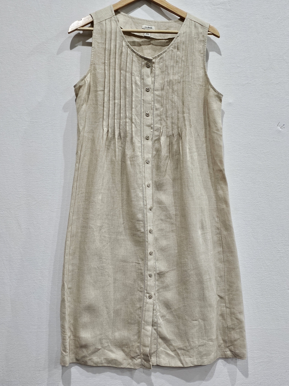 L.L. Bean Sleeveless Button-Front Linen Dress in Beige